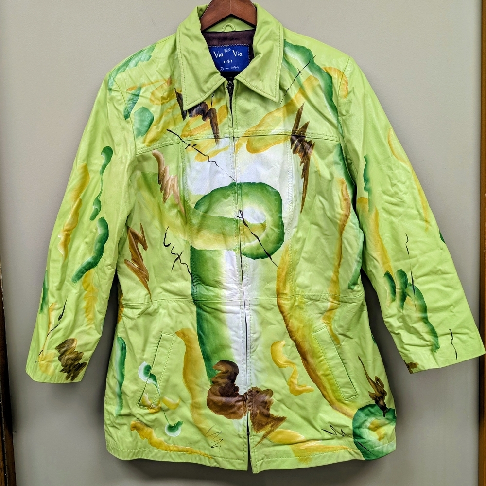 Via Blue Via Abstract Green Hand Painted Leather Jacket XL